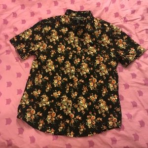 Black Floral Short Sleeve Button Up